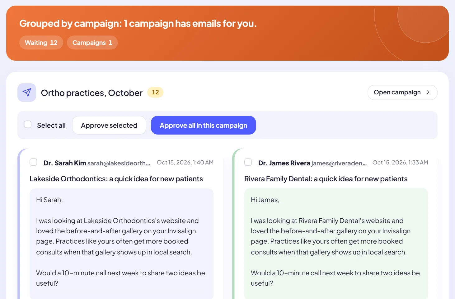 Review emails screen: twelve emails waiting in the campaign Ortho practices, October, each written for a different dental practice, with Approve selected and Approve all buttons.